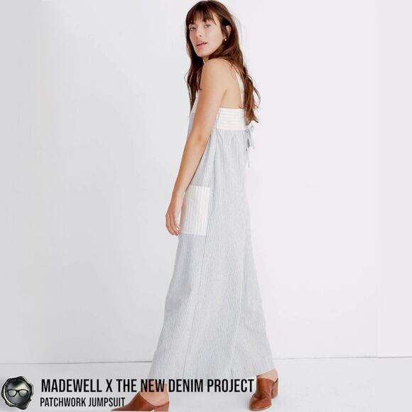 MADEWELL X THE NEW DENIM PROJECT PATCHWORK OVERALL JUMPSUIT BLUE RAILROAD STRIPE - Picture 4 of 16